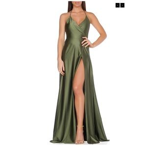 NWOT olive green silk like wrap dress formal
